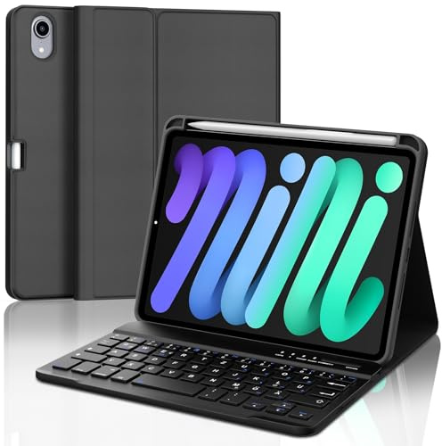 SENGBIRCH Funda con Teclado para iPad Mini 7 2024/6 2021 8.3, Teclado Inalámbrico Bluetooth Desmontable para iPad Mini 6/7 Generación 8.3 Pulgadas, Negro