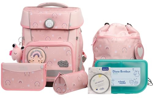 SCHOOL-MOOD Champion Maxx Pro Schulranzenset 7-teilig 22L Stauraum, ergonomisches Grow with You System für 1 m bis 1,50 m Körpergröße, wasserdichter Stoff mit Reflektoren (Rainbow)