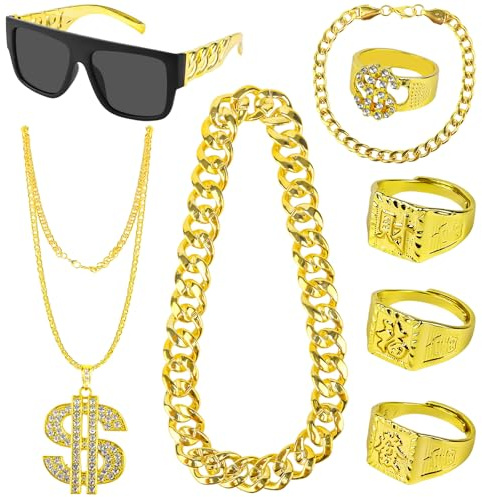 8 Stück Zuhälter Kostüm, 80er 90er Jahre Outfit Herren Hip Hop Kostüm, Rapper Zubehör Hip Hop Dollar Halskette Goldring Sonnenbrille Goldkette für Fasching Karneval Party Zubehör