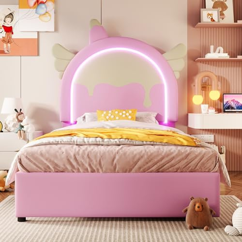 Merax Kinderbett 90x200, Polsterbett für Mädchen Einzelbett mit Einhornform Kopfteil, 16 Farben LED-Streifen, aus PU-Leder Bettrahmen mit Lattenrost und 2 Schubladen (ohne Matratze), Rosa