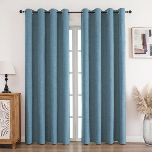 CUCRAF Cortinas opacas de lino 100% con ojales, cortinas opacas azul cielo, altura 229 x ancho 229 cm, juego de 2 unidades, térmicas, protección contra el frío, aislamiento acústico, para salón o