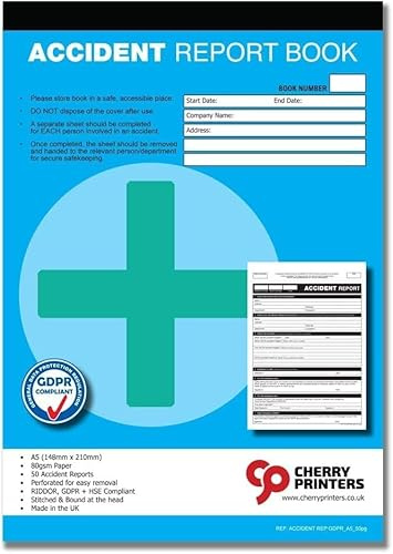 Cherry Printers GDPR Compliant Accident Report Book A5 | 50 Accident Forms | RIDDOR + HSE Compliant | Perforated for Easy Removal | 80gsm Paper | Stitched at Head | Made in UK | **6 Pack**