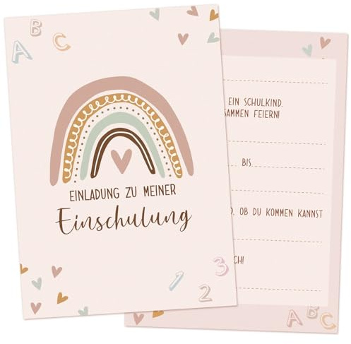 BETESSIN 12x Einschulung Einladungskarten Mädchen Rosa - Einschulungskarten mit Süßem Boho-Regenbogen Design - Einschulung Einladungen für Mädchen & Jungen Einschulungsfeier uvm.
