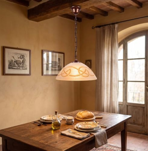 Generico Lampadario a sospensione classico Diametro 30cm catena ferro battuto e vetro con striature e decoro ambra coll. 647 per sala, camera da letto, corridoio, soggiorno, salotto, cucina