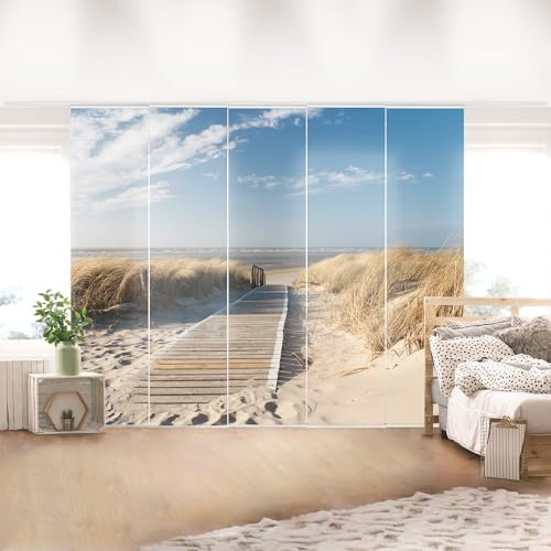 micasia Schiebegardine halbtransparent 60er Paneel Klett Strand Textil lichtdurchlässig - Motiv Modern Flächenvorhang beige Wohnzimmer Schlafzimmer 1513 (300x250 cm - 5er Set)