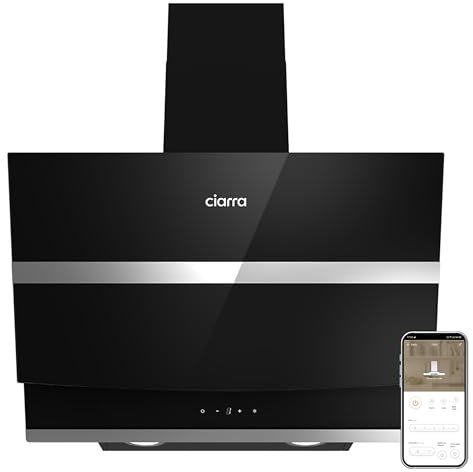 CIARRA A+++ AWB6736N Hotte aspirante inclinée, 60 cm, avec application de recirculation, commande tactile, 650 m³/h, booster avec filtre à charbon actif CBCF003, noir