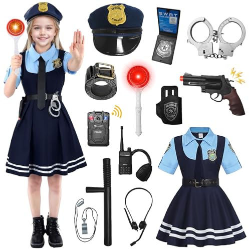 YushengTai Poliskostym barn flickor 14 delar, poliskset med polismössa handbojor grimma visselpipa, polisleksak för flickor halloween leksak barn karneval cosplay