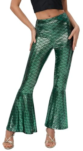 ALIREVERIE Women Halloween Costume Sexy Flared Tight Pants Bell Bottom Print Fish Scales Leggings Mermaid Turquoise L