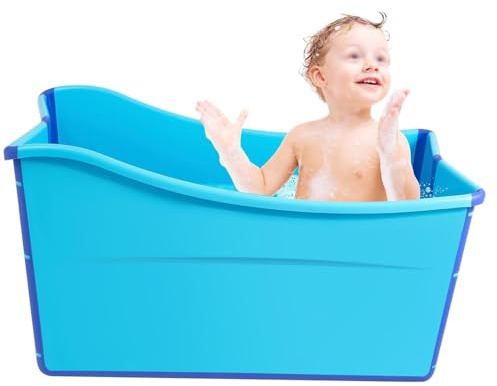 Faltbare Badewanne, 100CM Mobile Badewannen & -sitze für Babys, Klappbar Babyschwimmbecken mit Ablaufschlauch, Freistehend Sitzbadewanne für Dusche Spa Bad Wanne, Blau