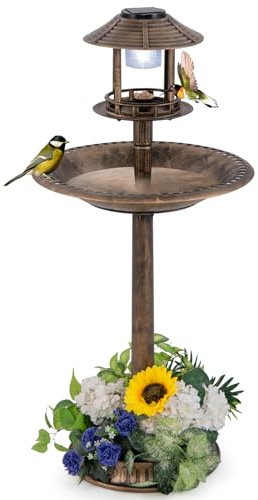 GOPLUS Vogeltränke stehend, Vogelbad Retro mit Solarlicht, Vogelbrunnen Winterfest mit Blumenpflanzer, Garten Tränke Bad für Wildvögel, Wassertränke für Vögel, Bird Bath für Outdoor (Antik-Bronze)
