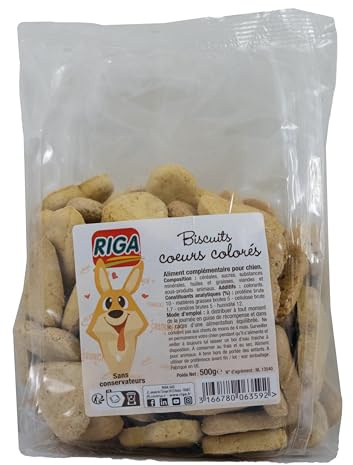 Riga - Biscotti Cuori Colorati - Dolcetto per cani - Biscotti gustosi - Poveri grassi - Dolcetto equilibrato - Premio per cani - 500 g