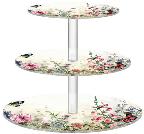 Blueangle 3-Tier Round Cupcake Stand – Colorful Herbs and Flowers Acrylic Dessert Tower, Non-Slip Tiered Dessert Stand for Baby Shower, Birthday, Wedding Party （383）