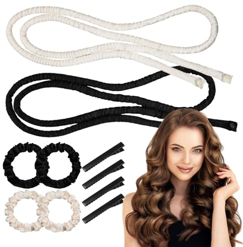 Wxgoqrcn 2 Set Heatless Curls Lockenwickler über Nacht für Alle Haartypen | Seide Lockenband Dünn,Hheatless Curls Band,Natürliche Locken,für Langes Kurzes Haar (Schwarz+Weiß),Einfache Anwendung