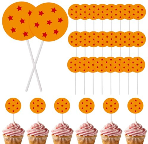 SAVITA 30 Stück Kuchendekorationen mit Cartoon Motiven, Orange Rote Kuchendekorationen aus Karton mit Cupcake Toppern Stern Anime Motiven für Geburtstagsparty Dekoration