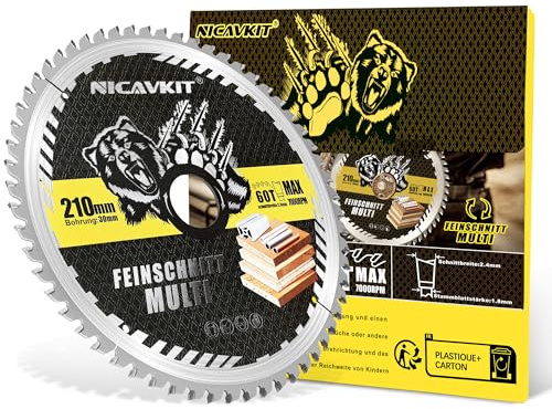 NICAVKIT Ø210x 30 mm Kreissägeblatt für Holz, Metall & Alu uvm. Multi Material Feinschnitt Sägeblatt 210x30 Kompatibel als Bosch, Makita & Dewalt usw.