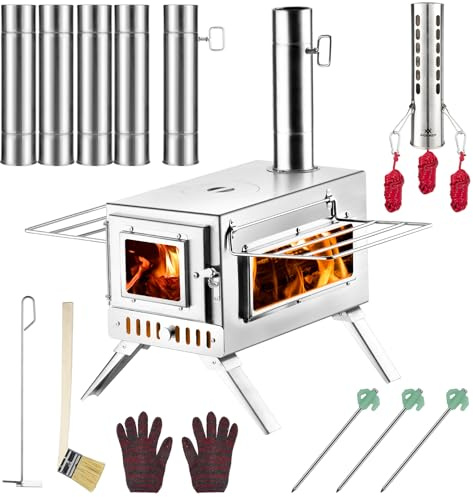 Hot Tent Stove, AVOFOREST 304 Stainless Wood Burning Stove, Portable Wood Stove with 6 Stainless Chimney Pipes for Outdoor Heating & Cooking, Ice Fishing, Hunting