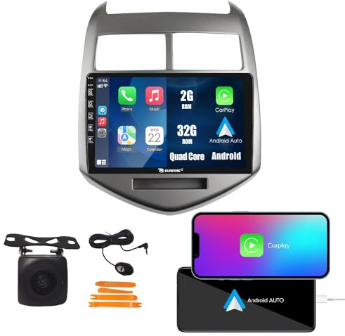 Quad Core 2G+32G Carplay Android Auto Coche Radio Navegación GPS 9 Estéreo Headunit Pad para Chevrolet Aveo 2 Sonic T300 2011-2015 WiFi Pantalla táctil FM BT Cámara de Marcha atrás SWC USB