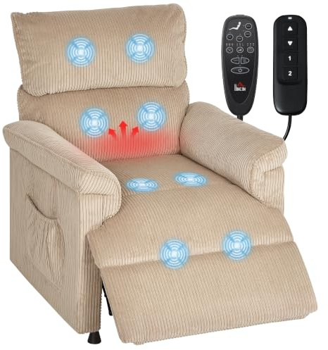 HOMCOM Relaxsessel Fernsehsessel mit Vibrationsmassage, Kord, Braun | Heiz- und Liegefunktion, Memory-Funktion, Geräuscharm TV Sessel, Fernbedienung, USB-Ladeanschluss, Seitentasche