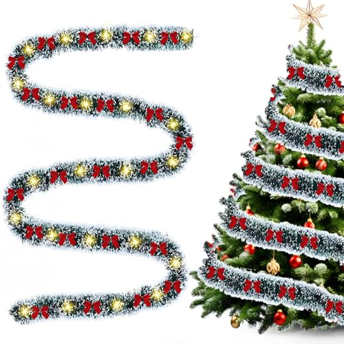 Weihnachtsgirlande mit Beleuchtung, 10M 100LED Tannengirlande mit 72 Schleifen Girlande Weihnachten Beleuchtet Künstlich Tannengirlande mit Lichterkette Weihnachtsdeko Girlande für Deko (A)