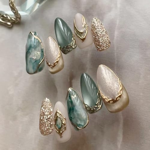 Celblisora24 Stück Grüne Künstliche Fingernägel zum Aufkleben,Kurze Mandelform,Acryl-Nagelset,Künstliche French Nails zum Aufkleben,Marmor-Textur,Vergoldetes Nageldesign