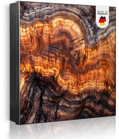 banjado Großer Schlüsselkasten Metall - Schlüsselbox 30x30cm beschreibbarer mit 32 Haken - Schlüsselkasten modern für Schlüsselaufbewahrung - Korpus Schwarz Scharnier Rechts - Motiv Holz Gemasert Flus