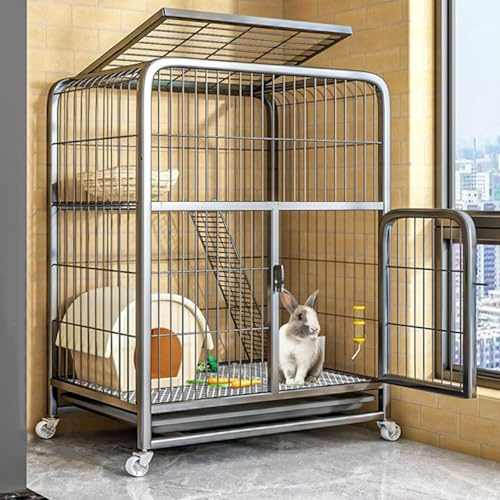 Kaninchenstall, Kaninchenkäfig for drinnen mit Dach, zweistöckig mit Rädern und tiefer, auslaufsicherer Wanne - Meerschweinchenstall for draußen(Black)