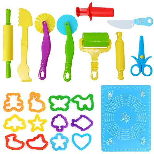 QingWing 22 Piezas Accesorios Plastilina, Herramientas Plastilina con Tapete de Silicona, Molde, Rodillo, Juego de Cocina Creativa, Regalos Juguete Juegos Creativos para Niños y Niñas 3 Años
