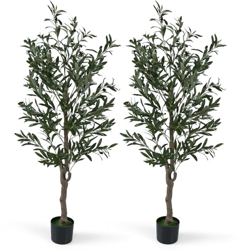 GIANTEX Set de 2 Olivos Artificiales de 150 cm, Plantas Artificiales con Frutos y Musgos Realistas, Maceta con Cemento, Hojas de Tejido Multicolor, Árbol Falso para Salón, Dormitorio, Oficina