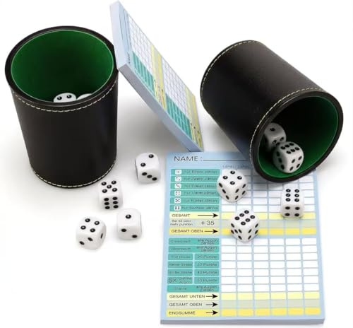 Shiyiuoy Würfel Spiel Set würfelbecher mit 10 würfeln und 2 Blöcke Groß DIN A5 Yatzy Block(Würfelspiel Block je 50 Blatt) für kniffel Spiel für Erwachsene.