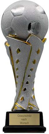 Pokal mit Gravur Wunschtext, Keramik | Personalisierte Auszeichnung für Fußball WM & Sport Events, inkl. Marmorsockel, Größen 22/26/30 cm, Farben gold