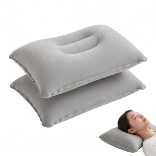 FIQLUL 2er Pack Aufblasbares Kissen für Strand und Camping - Weiches Reisekissen Beflockt 38x24cm - Ultraleichtes Luftkissen für Urlaub, Wandern, Flugzeug & Outdoor Essentials - Grau