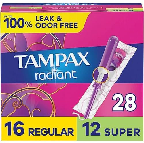 Tampax Radiant Tampons for Women Multipack, with LeakGuard Braid, Regular/Super Absorbency, Unscented, 28 Count