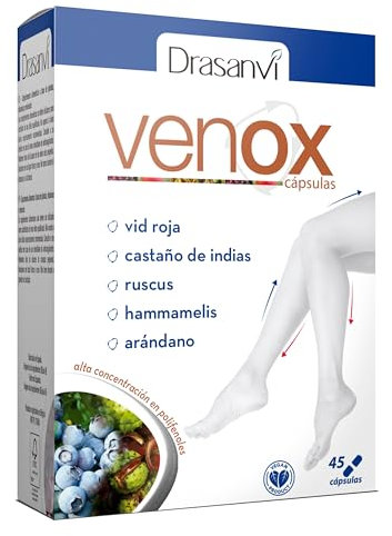 Drasanvi VENOX Ayuda a mejorar la Circulación, Hammamelis, Castaño de InDias y Ruscus, Alta Concentración de Polifenoles, Vid Roja, Arándanos y Grosellero Negro, Reforzado con Vitaminas ,45 cáps