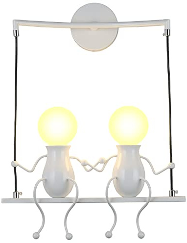 Luces de Pared Para Sala Estar Dormitorio Dibujos Animados Creativos Apliques de Pared de Iluminación Lámparas de Noche Metal Ajustable Muñeca Regalo los niños LED Lámpara de Pared 2×E27 (Blanco)