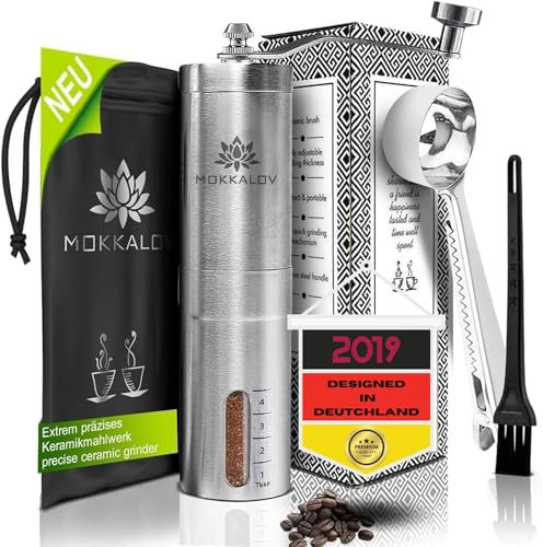 MOKKALOV - NOUVELLE 2021 VERSION - Moulin à café Manuel, Broyeur à café Manuel Moulin à café Acier Inoxydable Coffee Grinder avec Meule en céramique Moulin à Main réglable pour la maison