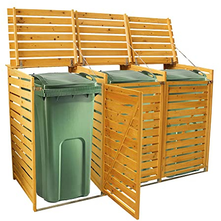 Triple Wooden Wheelie Bin Store Outdoor Garden Lockable Latched Dustbin Cover Storage Wood Timber Shed Unit Hinged Lid