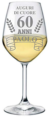 bubbleshirt Calice Vino Personalizzato con Nome Incisione Compleanno 60 Anni - Auguri di Cuore - Idea Regalo - Bicchiere in Vetro Chiaro, 500ml