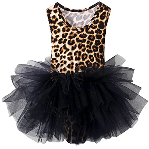 TiaoBug Mädchen Ballettkleid mit Tutu Tütü Tank Top Träger zu binden verstellbar Sport Tanz Ballett Body Trikot Ballettanzug mit Tüllrock Ballettkleidung Kleider für Kinder Leopard 122-128
