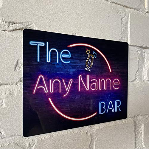 Personalised Bar Sign - Neon effect Printed Metal Sign wall art A3 Bar Add Name