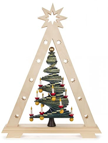 Rudolphs Schatzkiste Schwibbogenspitze Stufenbaum Goldeffekt mit LED-Beleuchtung (Input 100-240V) 36x48x15cm NEU Lichterbogen Fensterbild Erzgebirge