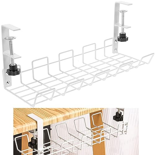 Under Desk Cable Management Tray No Drill Cable Racks Under Desk Cable Organizer for Wire Management, Carbon Steel Cable Tray Basket for Office and Home Cable Storage(White)
