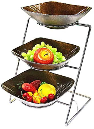 JUNYFFF Frutero De 3 Pisos, Cesta De Frutas De Vidrio De 3 Niveles, con Soporte Acero Inoxidable, Cocina Mostrador Y Organizador para Verduras Y Frutas, Soporte De Frutas con Cuencos