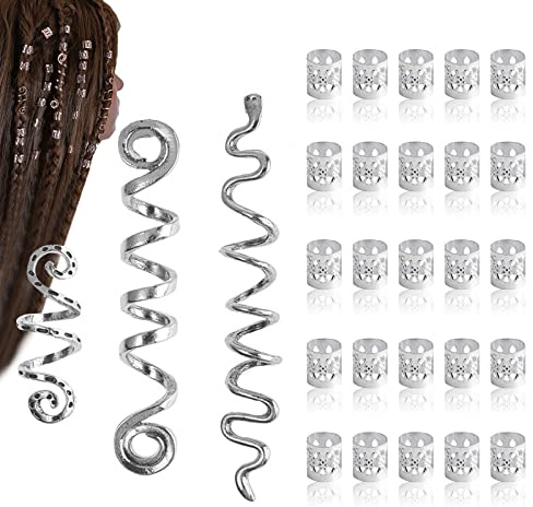 Viking Hair Accessories, 28 Pcs Dreadlocks Hair Jewellery with Spiral Hairpins and Hair Beads for Braids, Alloy Braid Accessories for Women, Men, DIY Hair Style, Beard, Jewelry (Silver)
