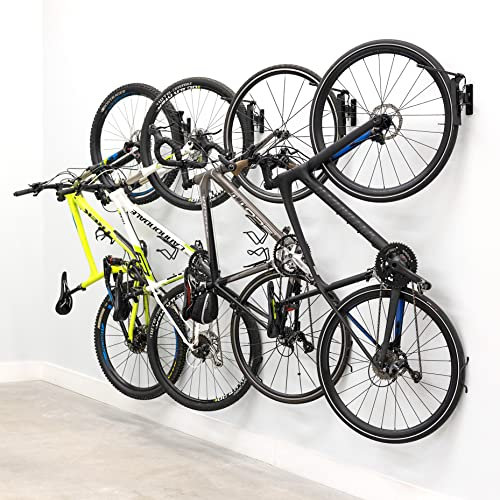 StoreYourBoard 4-Bike Swivel Rack – Wall Mounted Garage Bike Storage, Vertical Hanger with 120° Swing Design & Stopper, Space-Saving Indoor Wall Mount – Fits Kids Bikes, BMX & More – Black