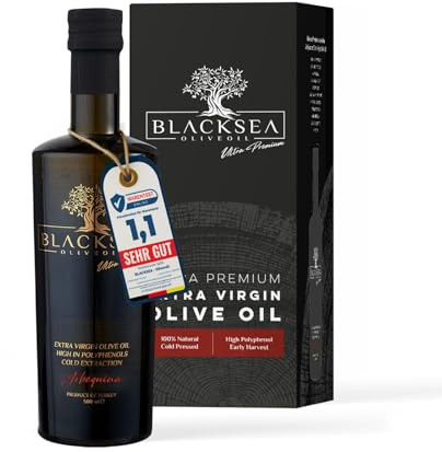 BLACKSEA Premium Olivenöl Extra Nativ Gefiltert 500 ml – 100 % Arbequina – Kaltgepresst – Polyphenolreich – Säure <0,2 % – Mild & Fruchtig – Erste Ernte – Für Feinschmecker & Gourmetküche