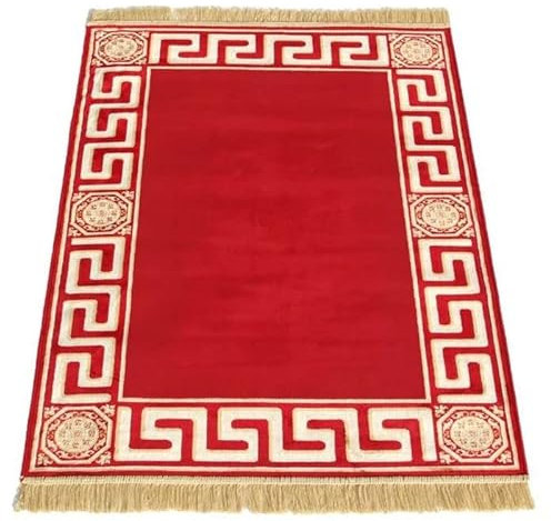 Belle Arti Premium Mäander Teppich Wohnzimmer Schlafzimmer Kurzflor in Rot Gold - handgeküpfte Fransen Mäander Bordüre Antirutsch Antiallergisch Seidenglanz 100% Viskose - rot, 100x140 cm