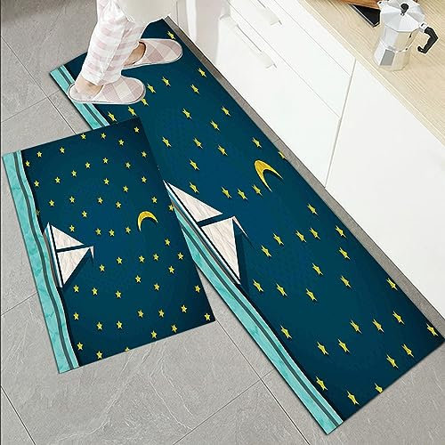 Küchenläufer Küchenmatte 2 Stück 45x70cm+45x120cm,Fantasie, Segelboot in der Nacht Himmel mit Sternen und Halbmond Kinde,Rutschfest Pflegeleicht, Anti-Müdigkeit Küchenteppich Teppich Läufer für Küche