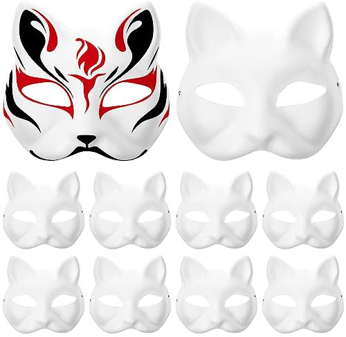 Theaque 10pcs Halloween Fuchs Maske Weiß Graffiti Blank Maske DIY Tier Unlackiert Handwerk Maske für Cosplay Maskerade Parties Kostüm Zubehör DIY Gesichtsmasken für Karneval Maskerade Halloween Party