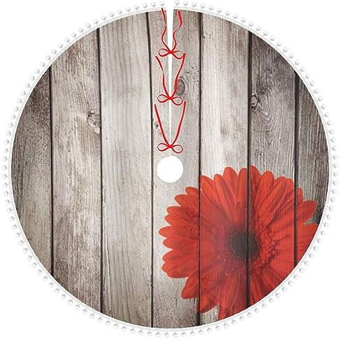 Flower Red Dahlia Christmas Tree Skirt with Pom Trim Xmas Large Lace-up Red Green Buffalo Plaid Check Tree Skirt Farmhouse Xmas Holiday Decoration