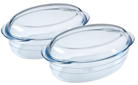 Ôcuisine® Large Rectangular Casserole Glass Dishes with Handles Oven Safe Borosilicate Glass Made in France (Oval Casserole Set of 2 (4.1LT))